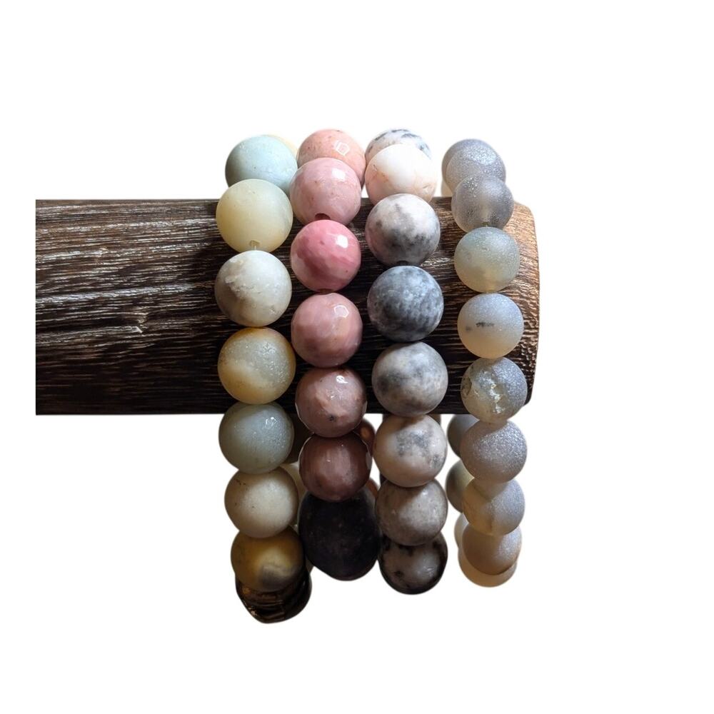 Lot of Four Pink Gray Yellow Stone Bead Stretch Bracelets - Picture 2 of 5